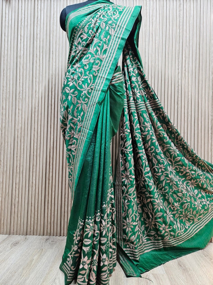 Exclusive Balaram Saha Green & Biege Pure Kantha Silk Saree Balaram Saha