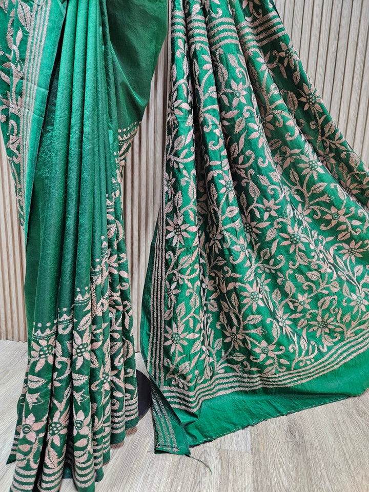Exclusive Balaram Saha Green & Biege Pure Kantha Silk Saree Balaram Saha