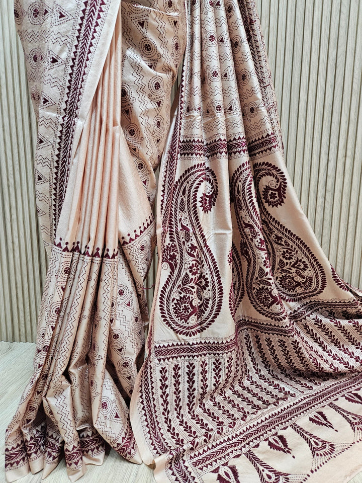 Balaram Saha's Biege & Maroon Tussar Silk Kantha Stitch Saree Balaram Saha