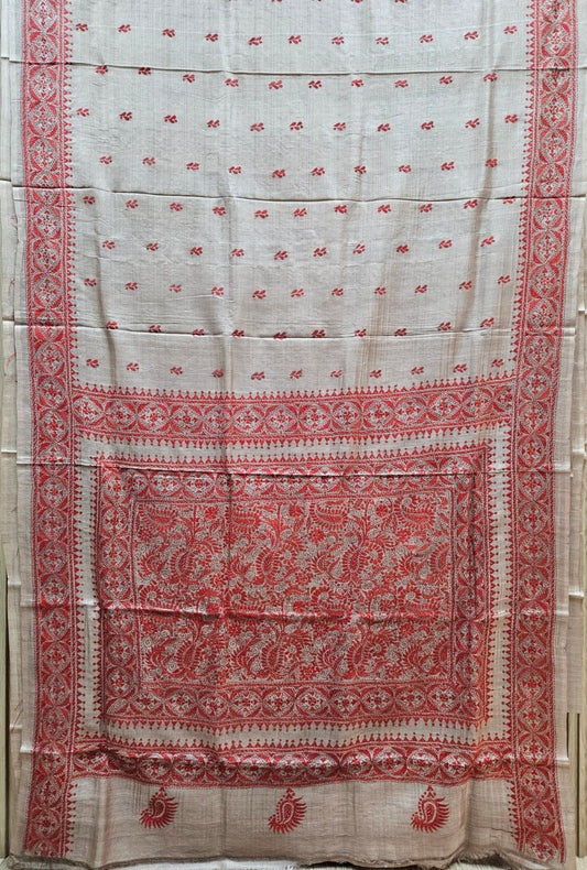 Masterpiece of Artistry: Indigo & Red tussar Silk Kantha Stitch Saree Balaram Saha Balaram Saha
