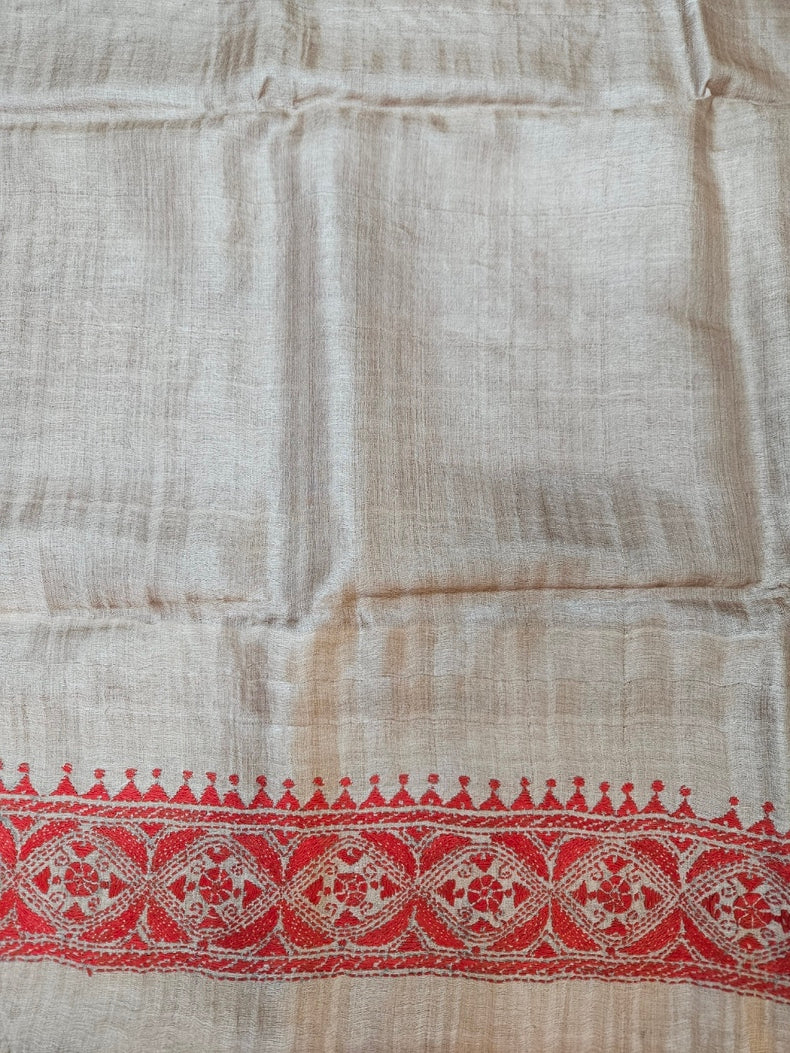 Masterpiece of Artistry: Indigo & Red tussar Silk Kantha Stitch Saree Balaram Saha Balaram Saha