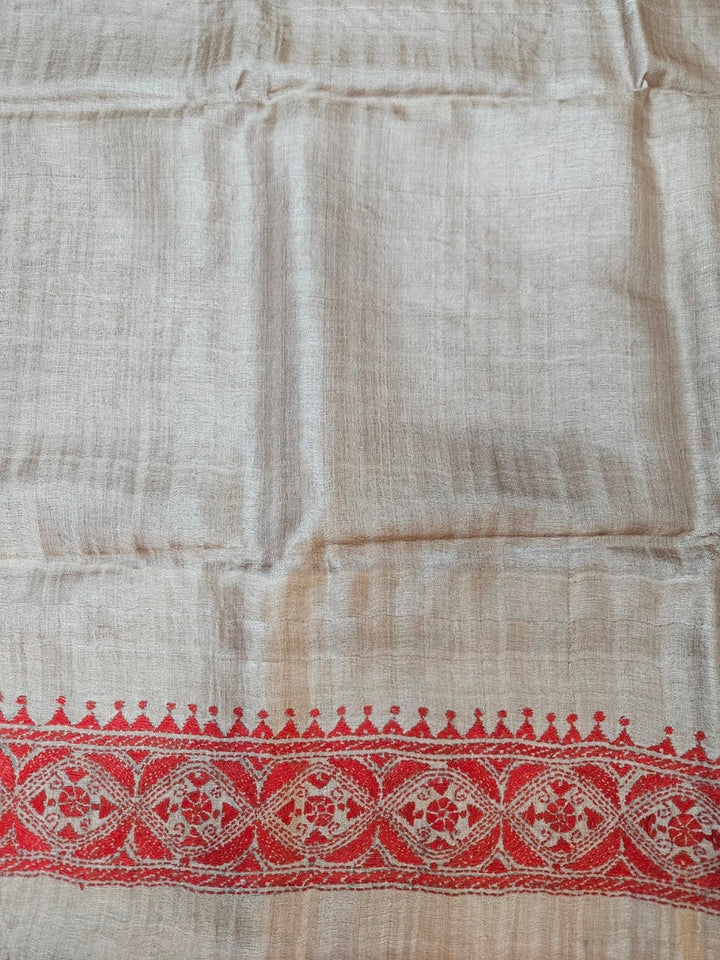 Masterpiece of Artistry: Indigo & Red tussar Silk Kantha Stitch Saree Balaram Saha Balaram Saha