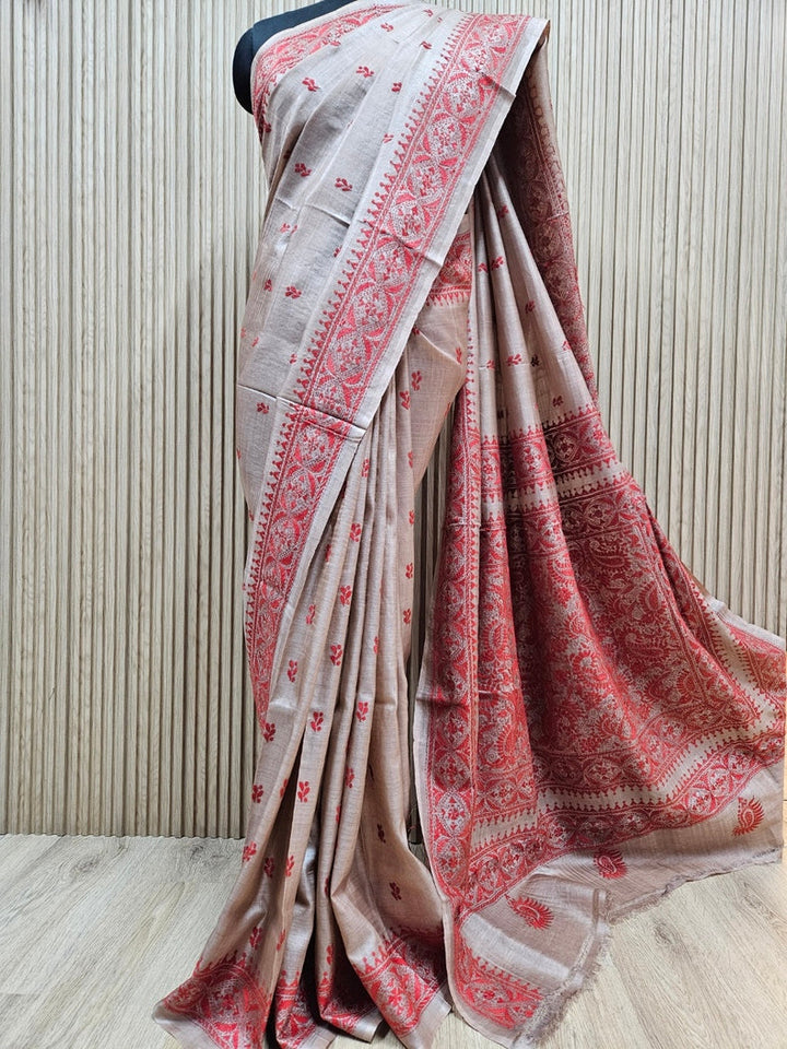 Masterpiece of Artistry: Indigo & Red tussar Silk Kantha Stitch Saree Balaram Saha Balaram Saha