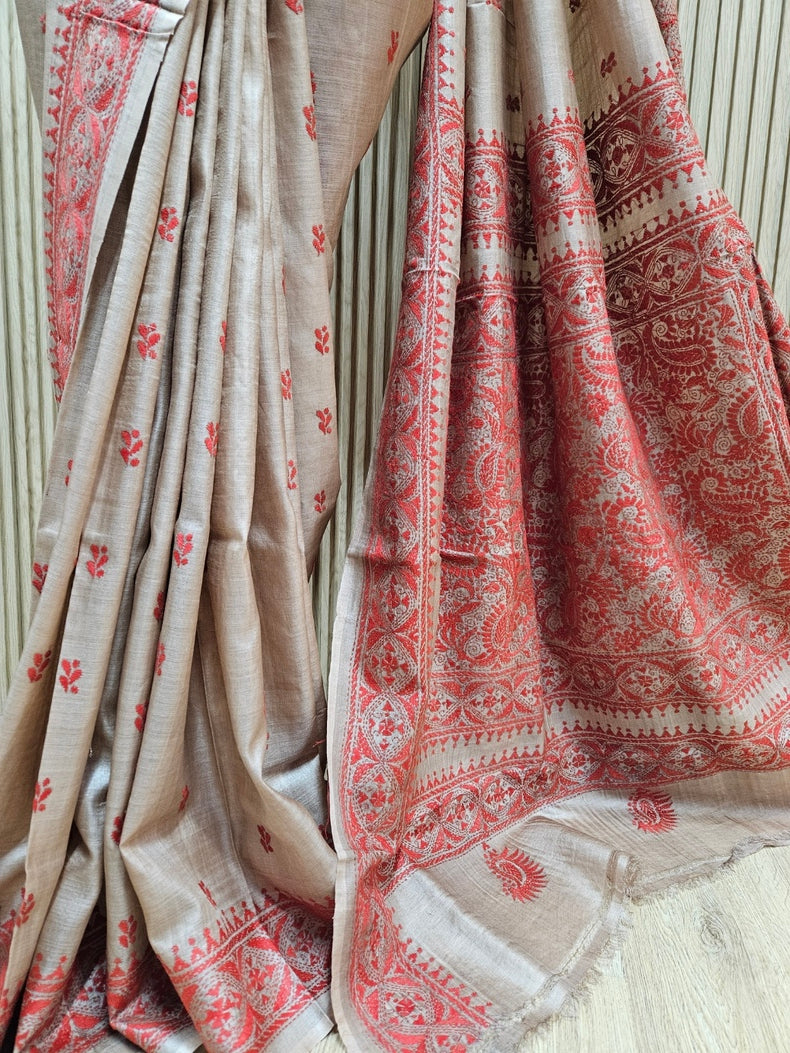 Masterpiece of Artistry: Indigo & Red tussar Silk Kantha Stitch Saree Balaram Saha Balaram Saha