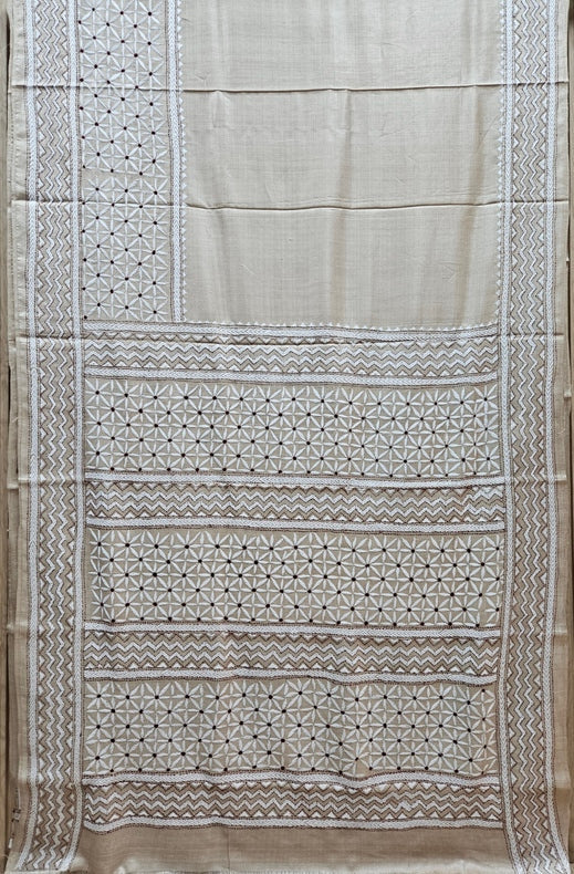 Beige & Orange Kantha Magic: Balaram Saha's Gachhi Tussar Silk Saree Balaram Saha