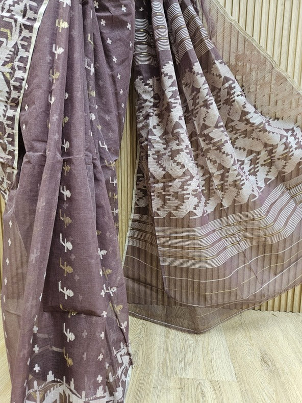 Maroon & Orange cotton handwoven Bangladeshi Jamdani saree Balaram Saha