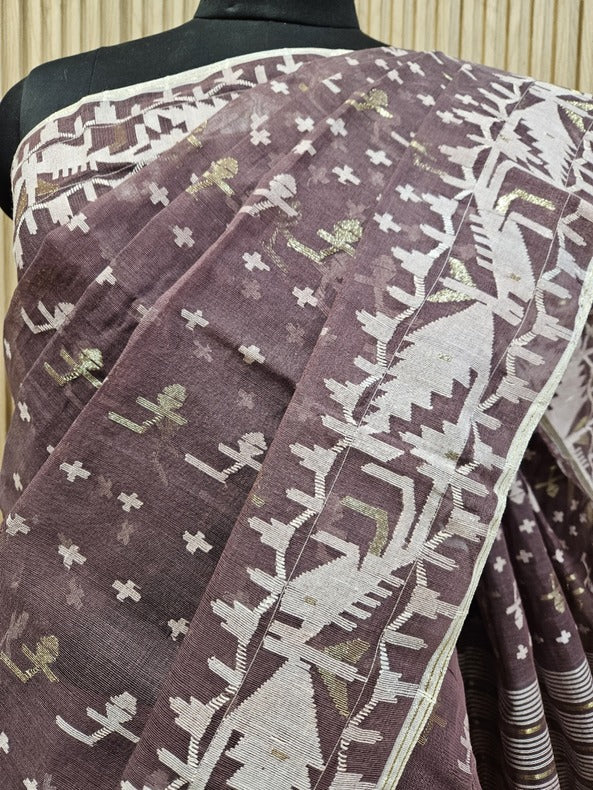 Maroon & Orange cotton handwoven Bangladeshi Jamdani saree Balaram Saha