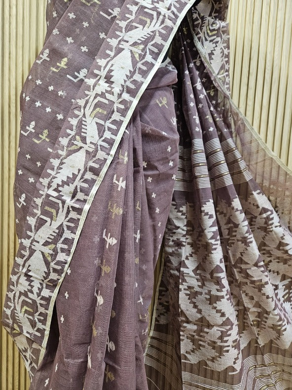 Maroon & Orange cotton handwoven Bangladeshi Jamdani saree Balaram Saha