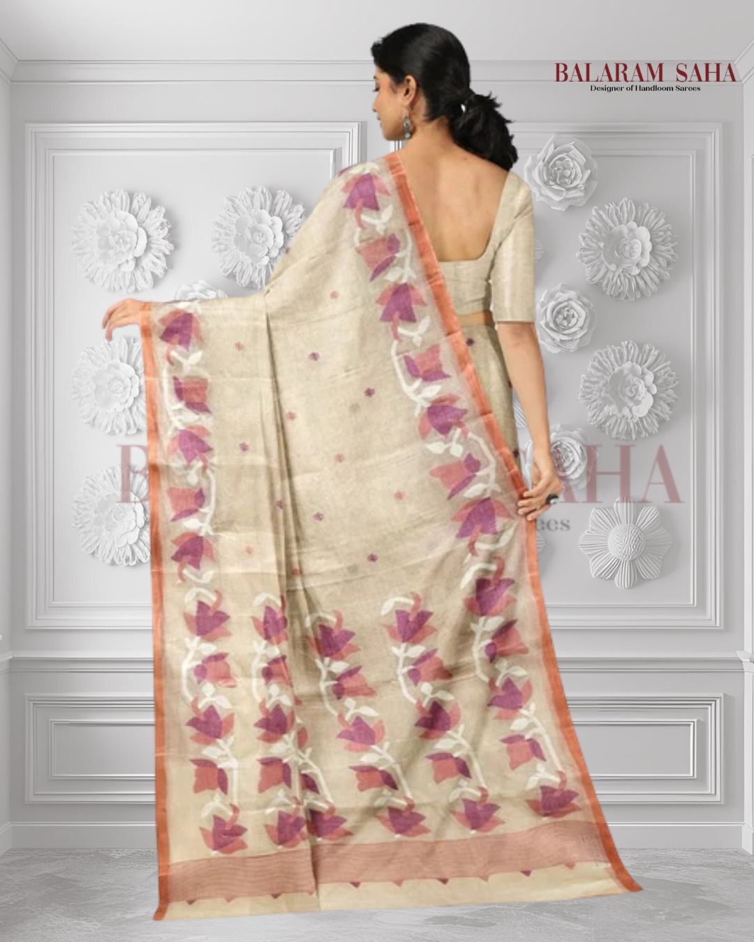 Beige & Peach Handwoven Traditional Cotton Jamdani Saree Balaram Saha
