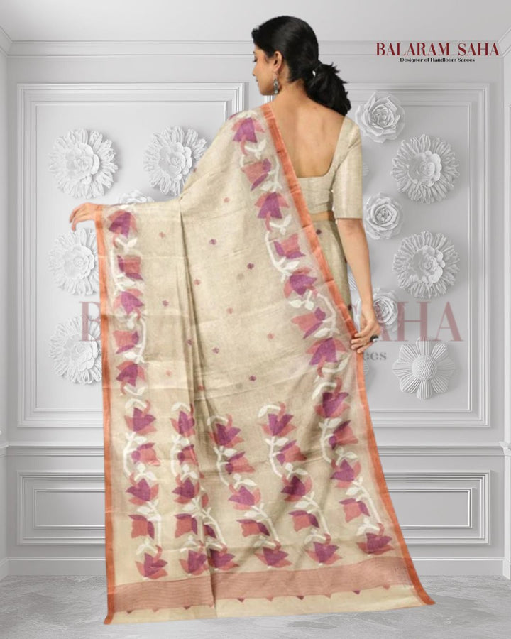 Beige & Peach Handwoven Traditional Cotton Jamdani Saree Balaram Saha