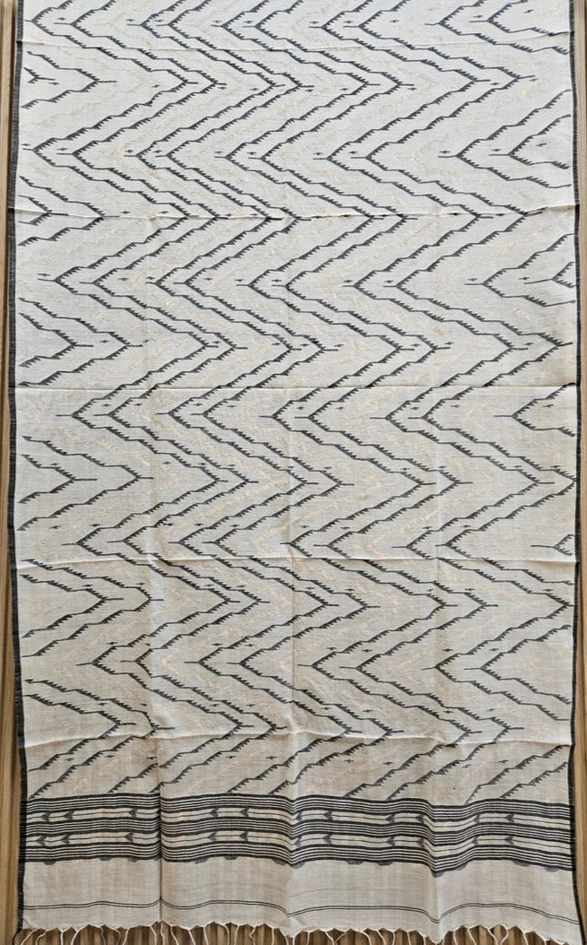 Off White & Black Handspun Handwoven Cotton Jamdani Dupatta Balaram Saha