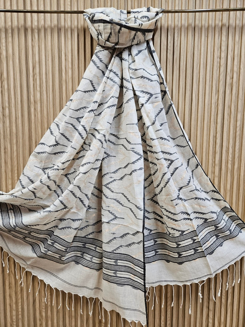 Off White & Black Handspun Handwoven Cotton Jamdani Dupatta Balaram Saha