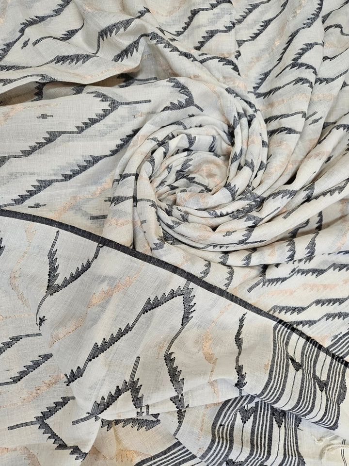 Off White & Black Handspun Handwoven Cotton Jamdani Dupatta Balaram Saha
