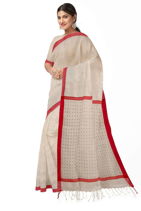 White & Red Soft Handloom Matka Silk Siqueen Woven Saree Balaram Saha
