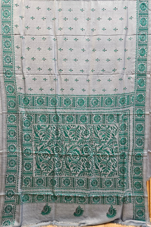 Balaram Saha's Grey & Green Tussar Silk Kantha Stitch Saree Balaram Saha