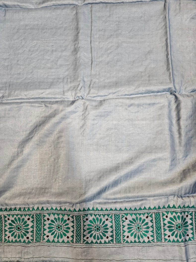 Balaram Saha's Grey & Green Tussar Silk Kantha Stitch Saree Balaram Saha