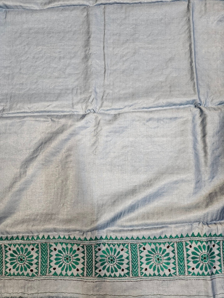 Balaram Saha's Grey & Green Tussar Silk Kantha Stitch Saree Balaram Saha