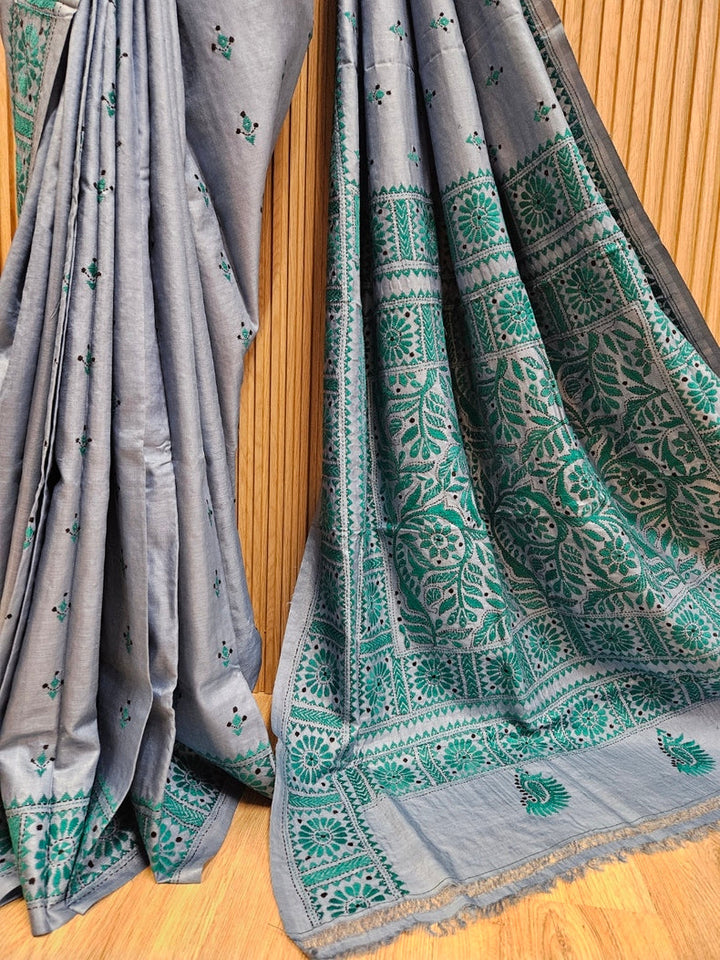 Balaram Saha's Grey & Green Tussar Silk Kantha Stitch Saree Balaram Saha