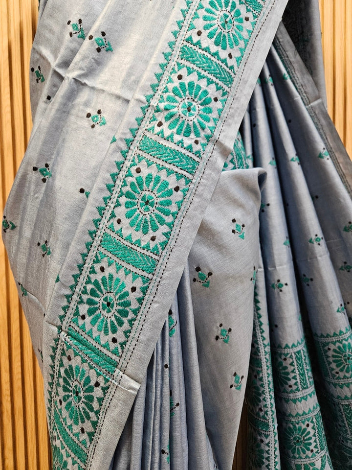 Balaram Saha's Grey & Green Tussar Silk Kantha Stitch Saree Balaram Saha
