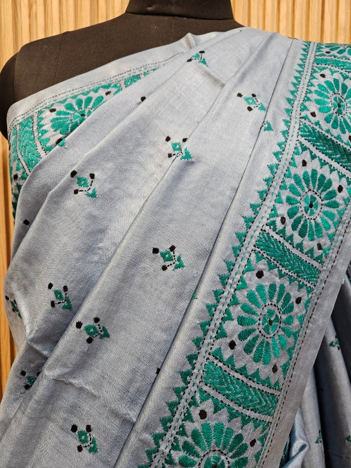 Balaram Saha's Grey & Green Tussar Silk Kantha Stitch Saree Balaram Saha