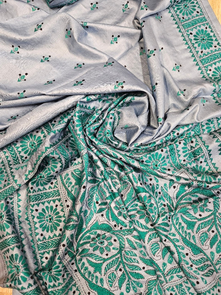 Balaram Saha's Grey & Green Tussar Silk Kantha Stitch Saree Balaram Saha