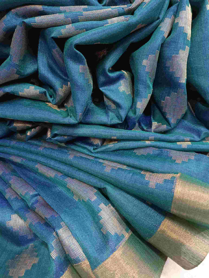 Peacock Blue Soft Handloom Zari Woven Tussar Silk Saree Balaram Saha