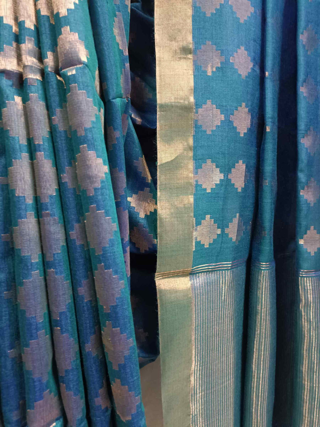 Peacock Blue Soft Handloom Zari Woven Tussar Silk Saree Balaram Saha