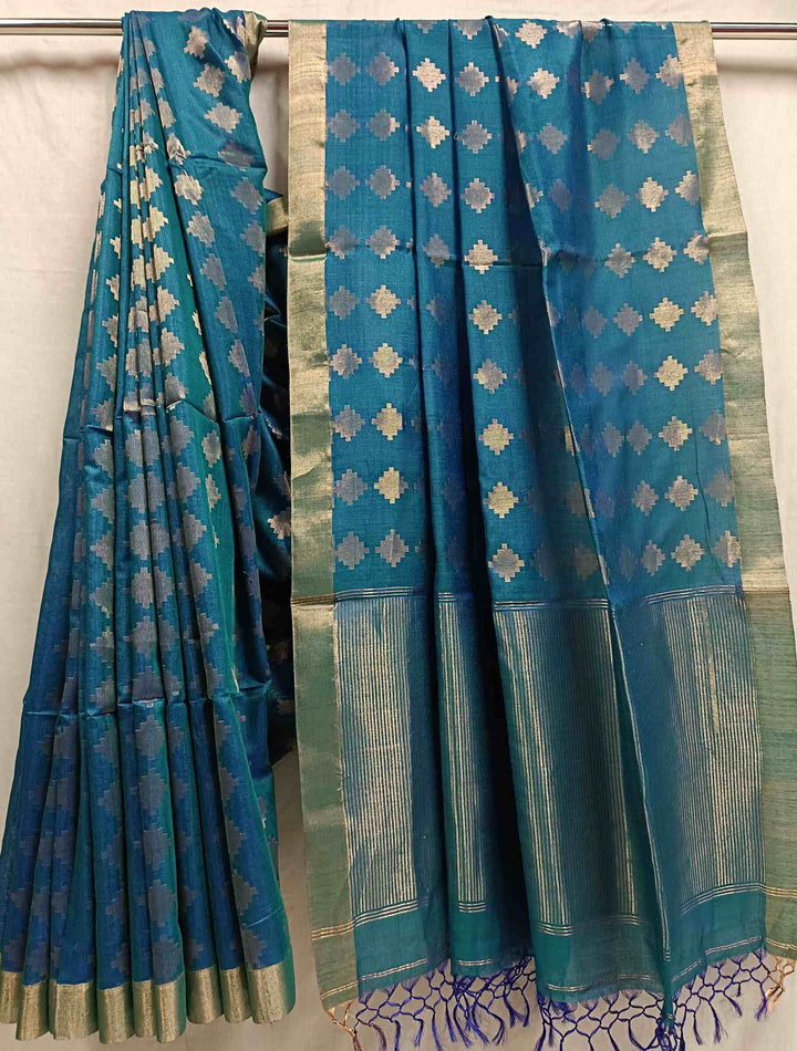 Peacock Blue Soft Handloom Zari Woven Tussar Silk Saree Balaram Saha