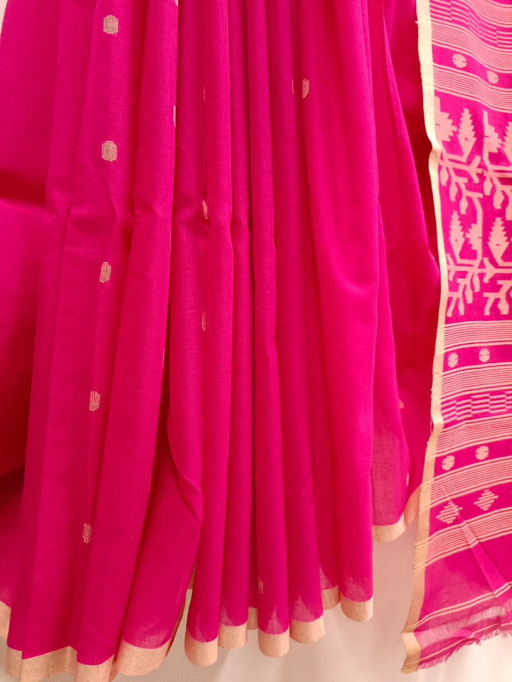 Deep-Pink and  Beige Handloom Traditional Handwoven Cotton Jamdani Saree Balaram Saha