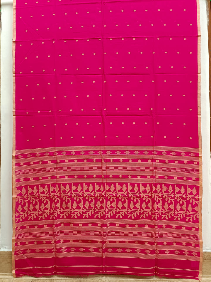 Deep-Pink and  Beige Handloom Traditional Handwoven Cotton Jamdani Saree Balaram Saha