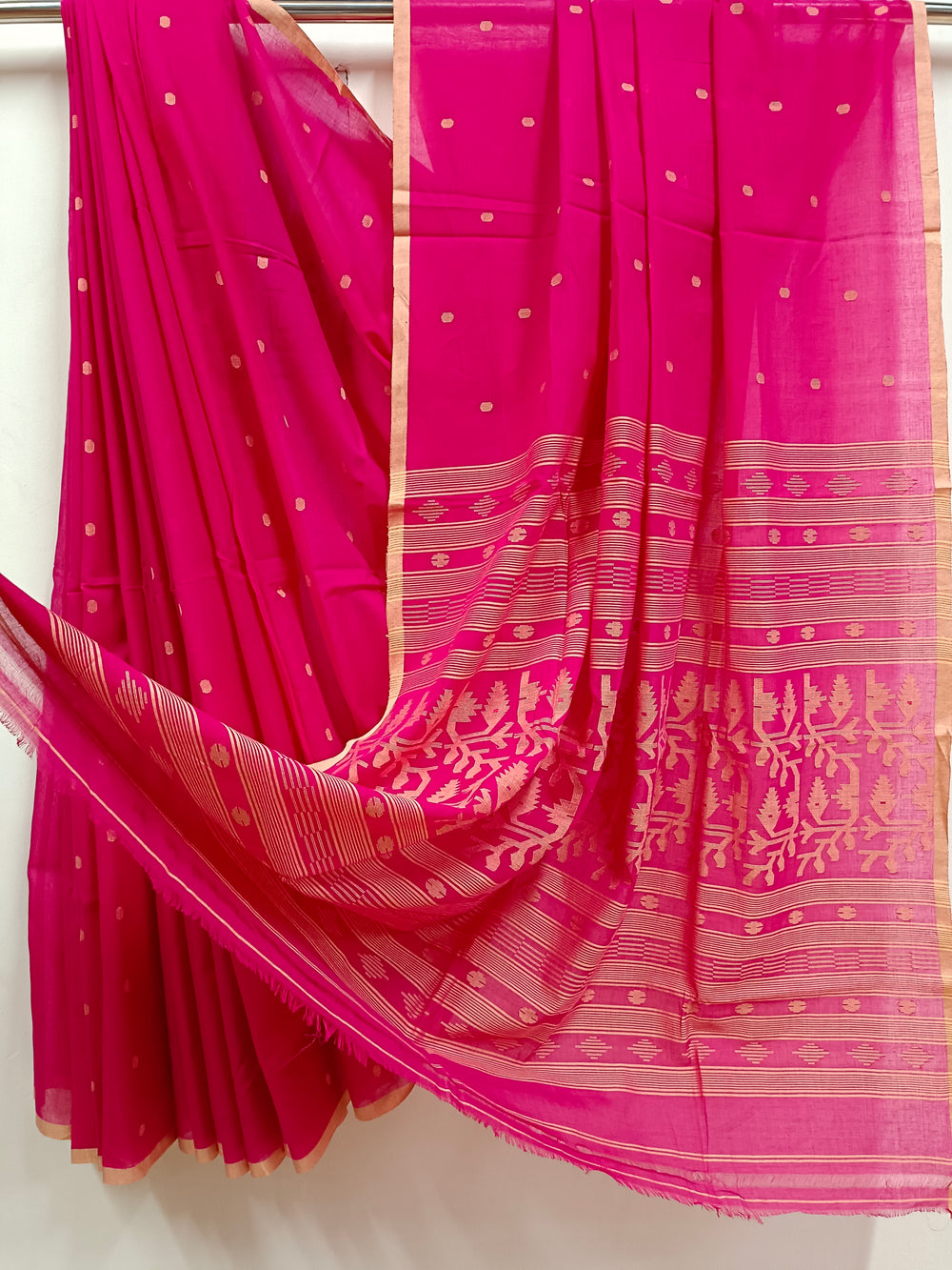 Deep-Pink and  Beige Handloom Traditional Handwoven Cotton Jamdani Saree Balaram Saha