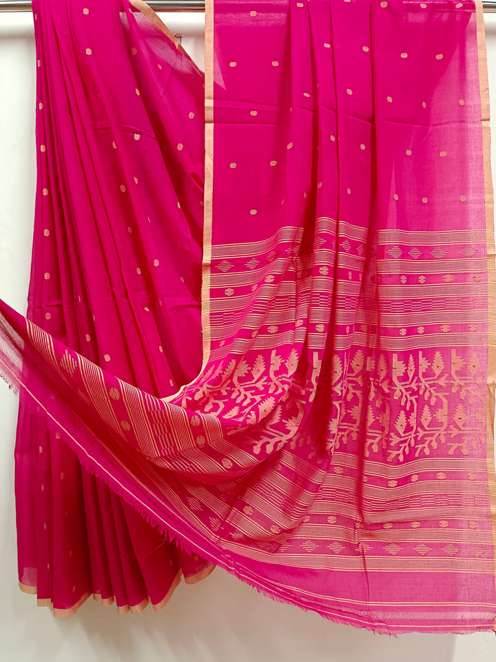 Deep-Pink and  Beige Handloom Traditional Handwoven Cotton Jamdani Saree Balaram Saha