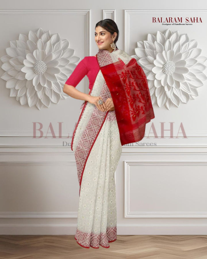 White & Red, silk by cotton handloom Jacquard Jamdani Saree Balaram Saha