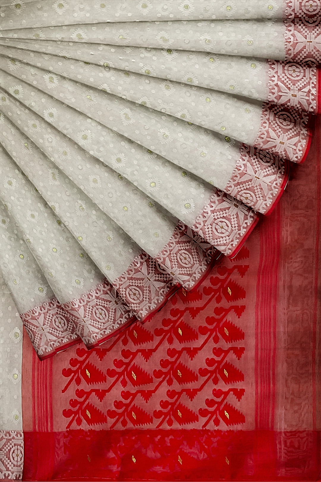 White & Red, silk by cotton handloom Jacquard Jamdani Saree Balaram Saha
