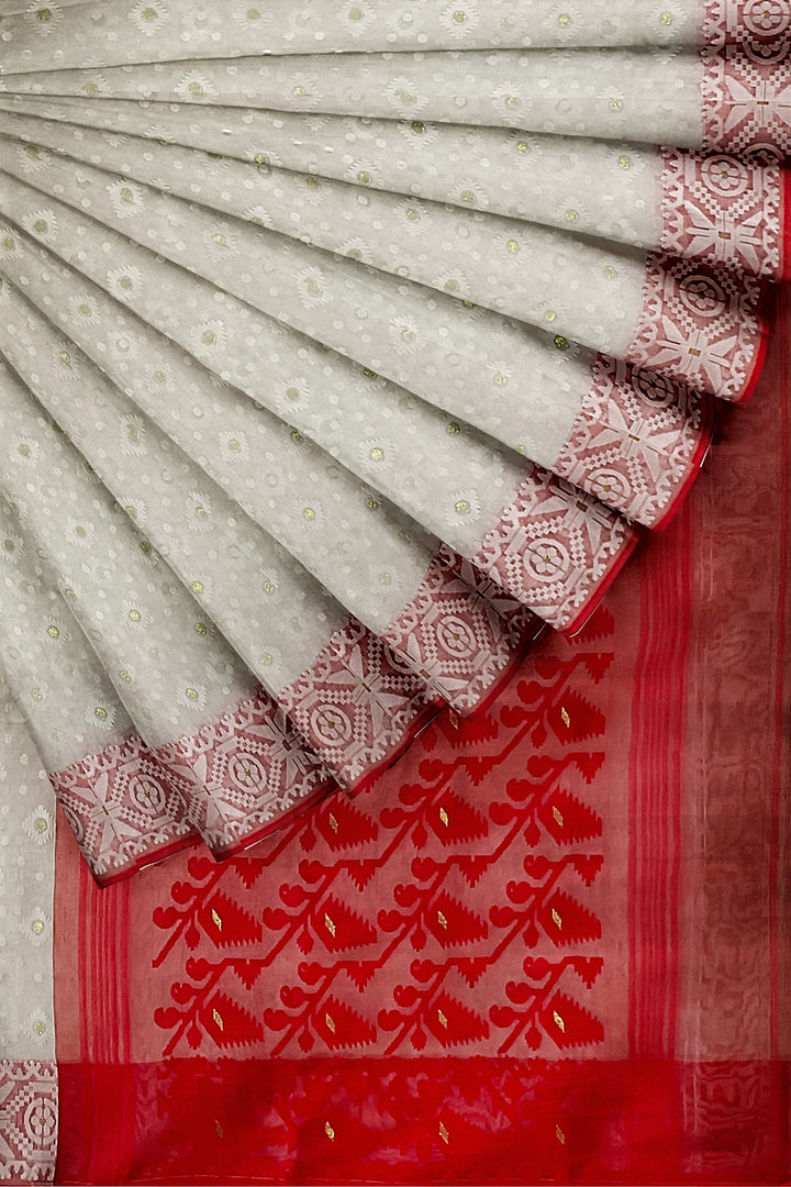 White & Red, silk by cotton handloom Jacquard Jamdani Saree Balaram Saha