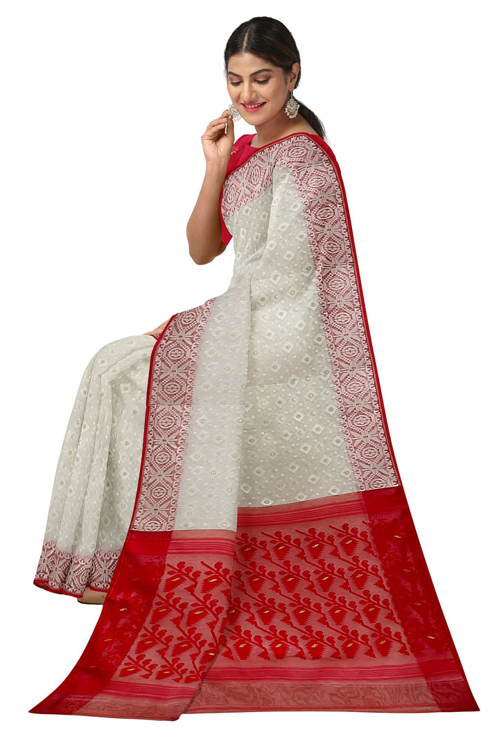 White & Red, silk by cotton handloom Jacquard Jamdani Saree Balaram Saha