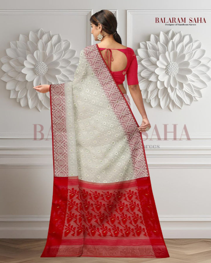 White & Red, silk by cotton handloom Jacquard Jamdani Saree Balaram Saha