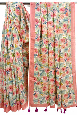 Cream & Multicolour Handloom Linen Printed Saree Balaram Saha