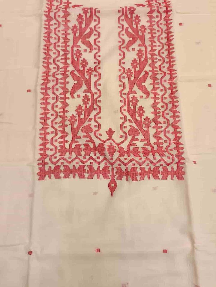SOFT COTTON UNSTITCHED WHITE & RED JAMDANI 2 PIECE SET Balaram Saha