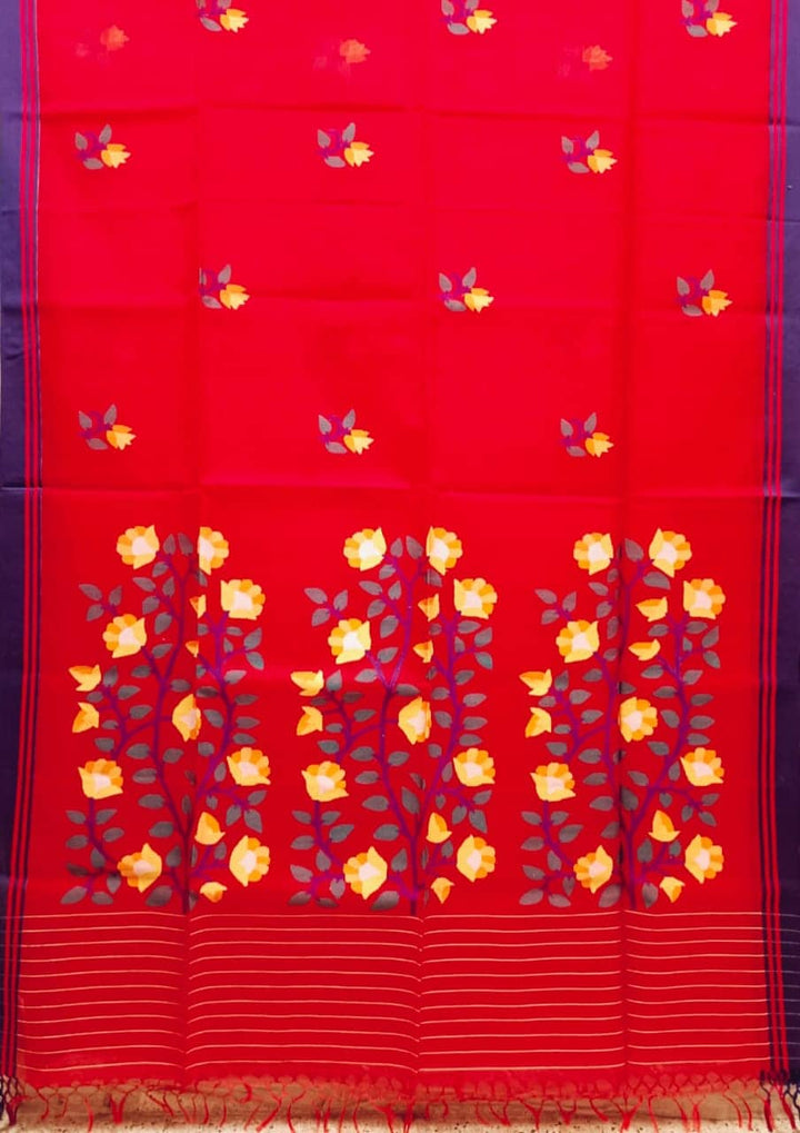 Red & Blue Handloom Muslin Silk Jamdani Saree Balaram Saha