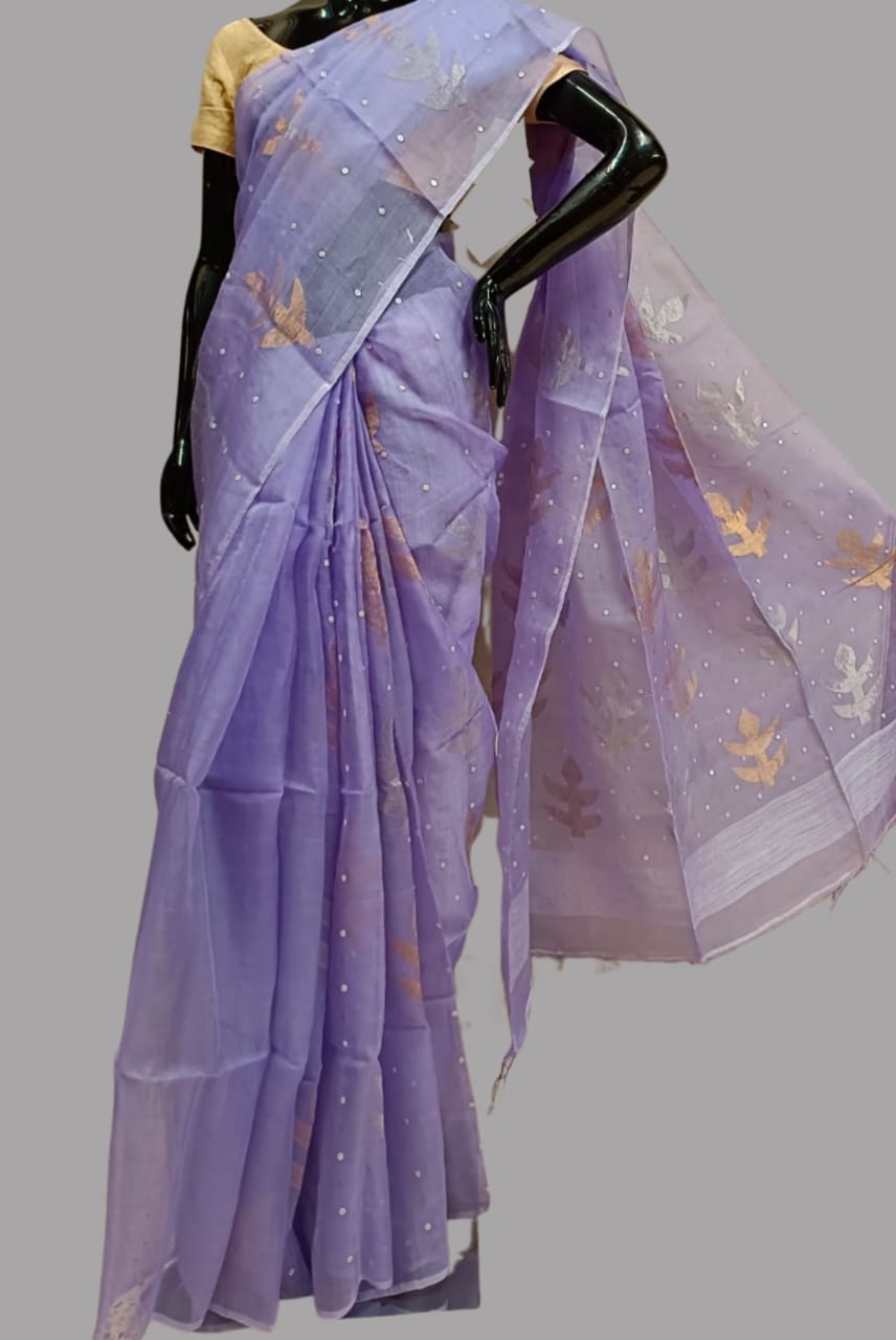 Lilac Muslin Silk Jamdani Saree with all over Leaves in Gold & Silver zari Balaram Saha