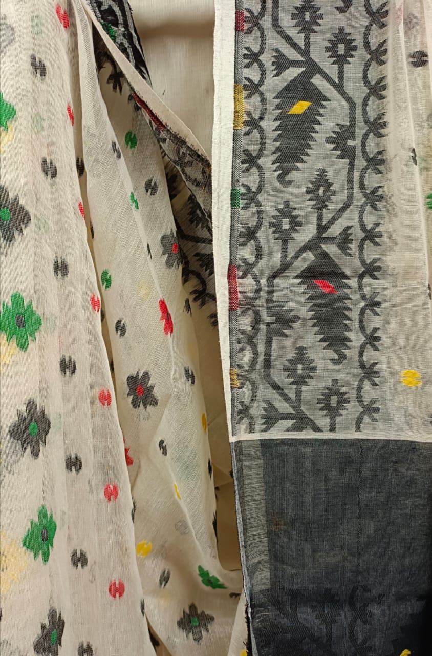 Off-White & Black Soft Handloom Jacquard Jamdani saree, Balaram Saha
