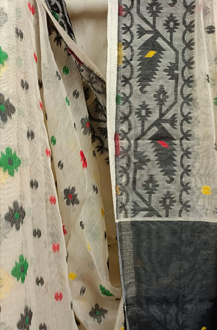 Off-White & Black Soft Handloom Jacquard Jamdani saree, Balaram Saha