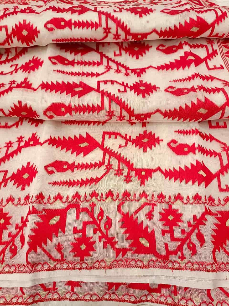 White & Red, soft handloom Jacquard weave Jamdani design, cotton by resham saree. Balaram Saha
