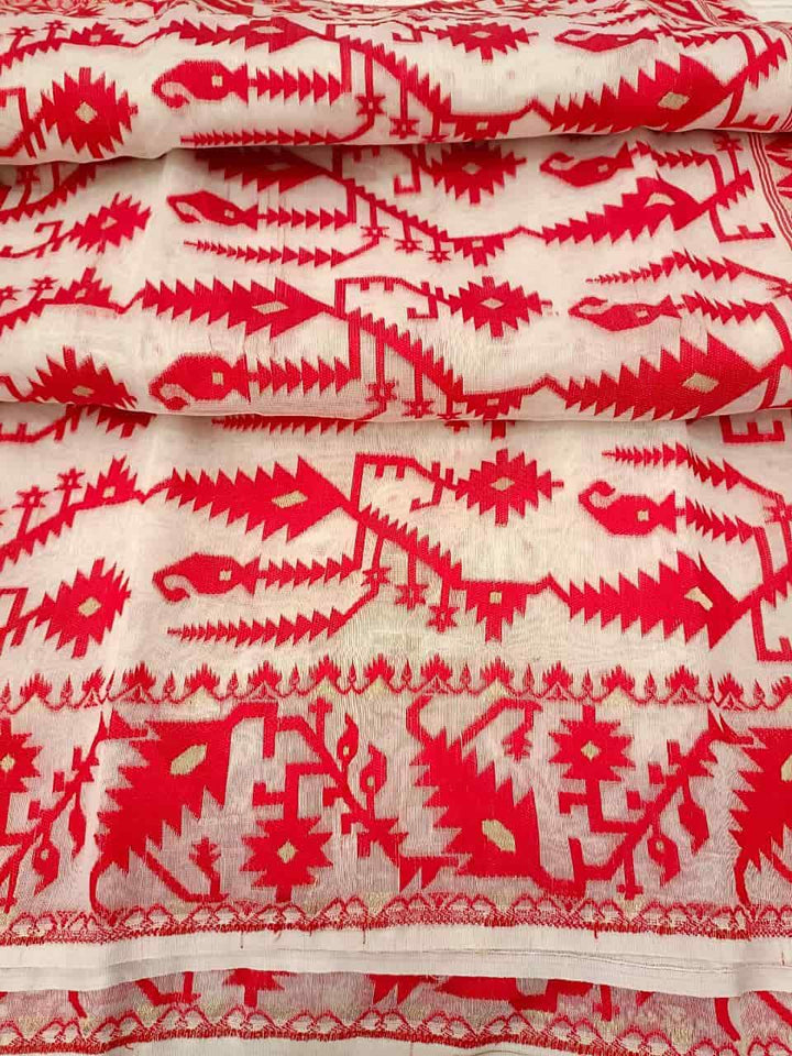 White & Red, soft handloom Jacquard weave Jamdani design, cotton by resham saree. Balaram Saha