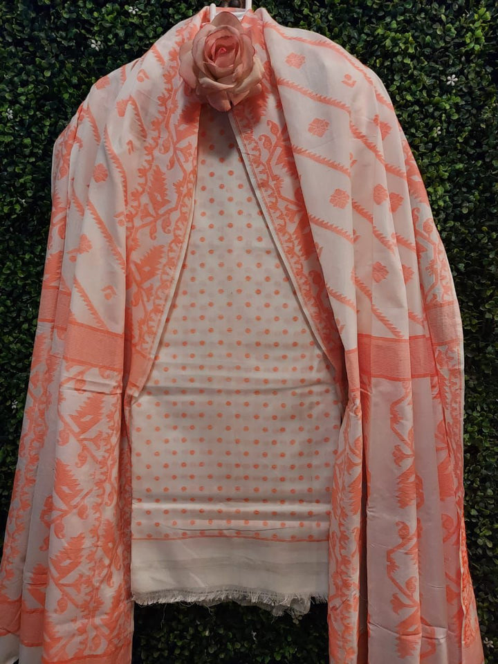 Cotton 2 Piece Dhakai Set – Trendy Orange & White | Balaram Saha
