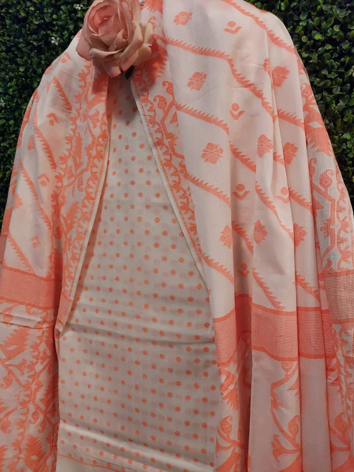 Cotton 2 Piece Dhakai Set – Trendy Orange & White | Balaram Saha