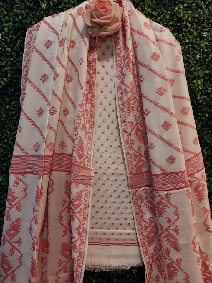 Cotton 2 Piece Dhakai Set - Off White & Red | Balaram Saha
