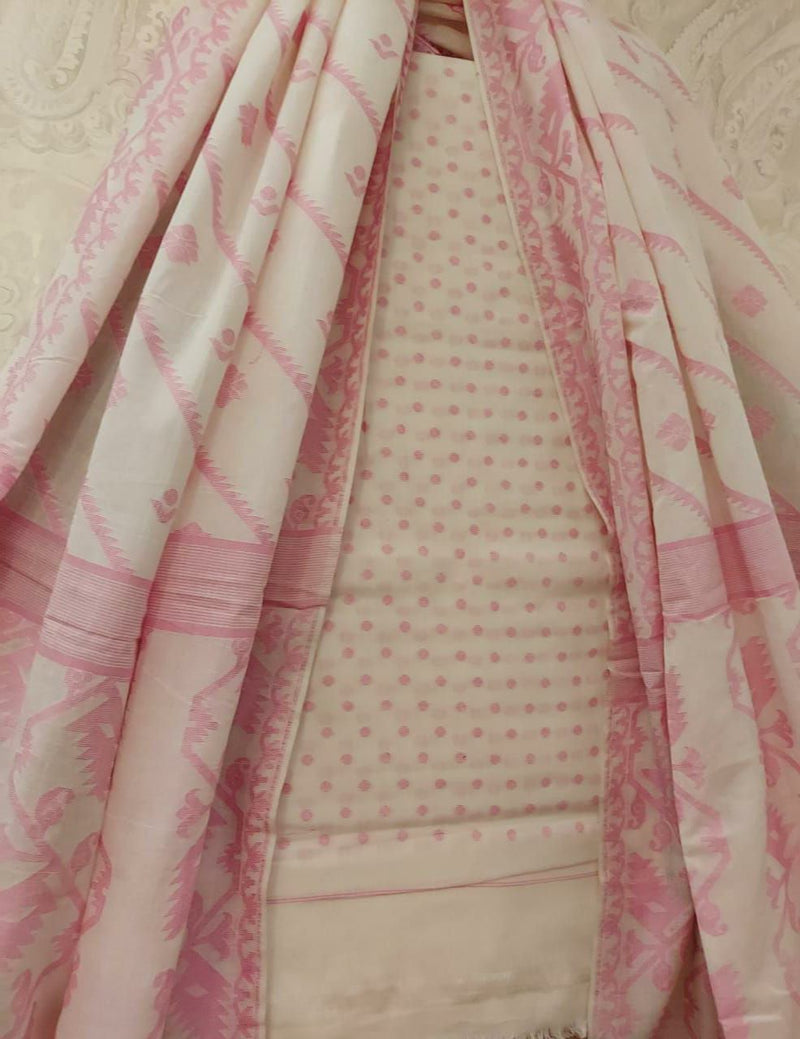 Soft Cotton 2 piece Dhakai (Off White and Pink) Balaram Saha