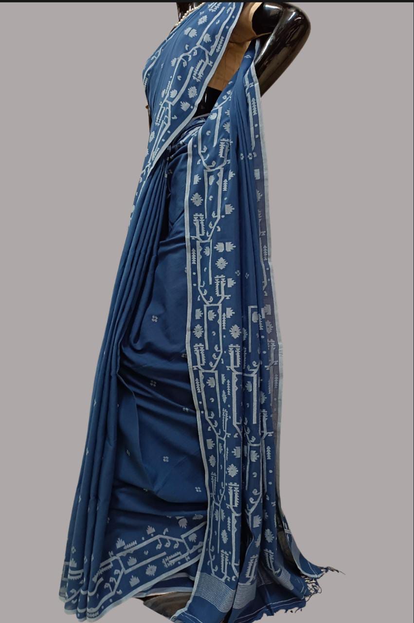 Blue Handloom Handspun Soft Muslin Cotton Saree Balaram Saha